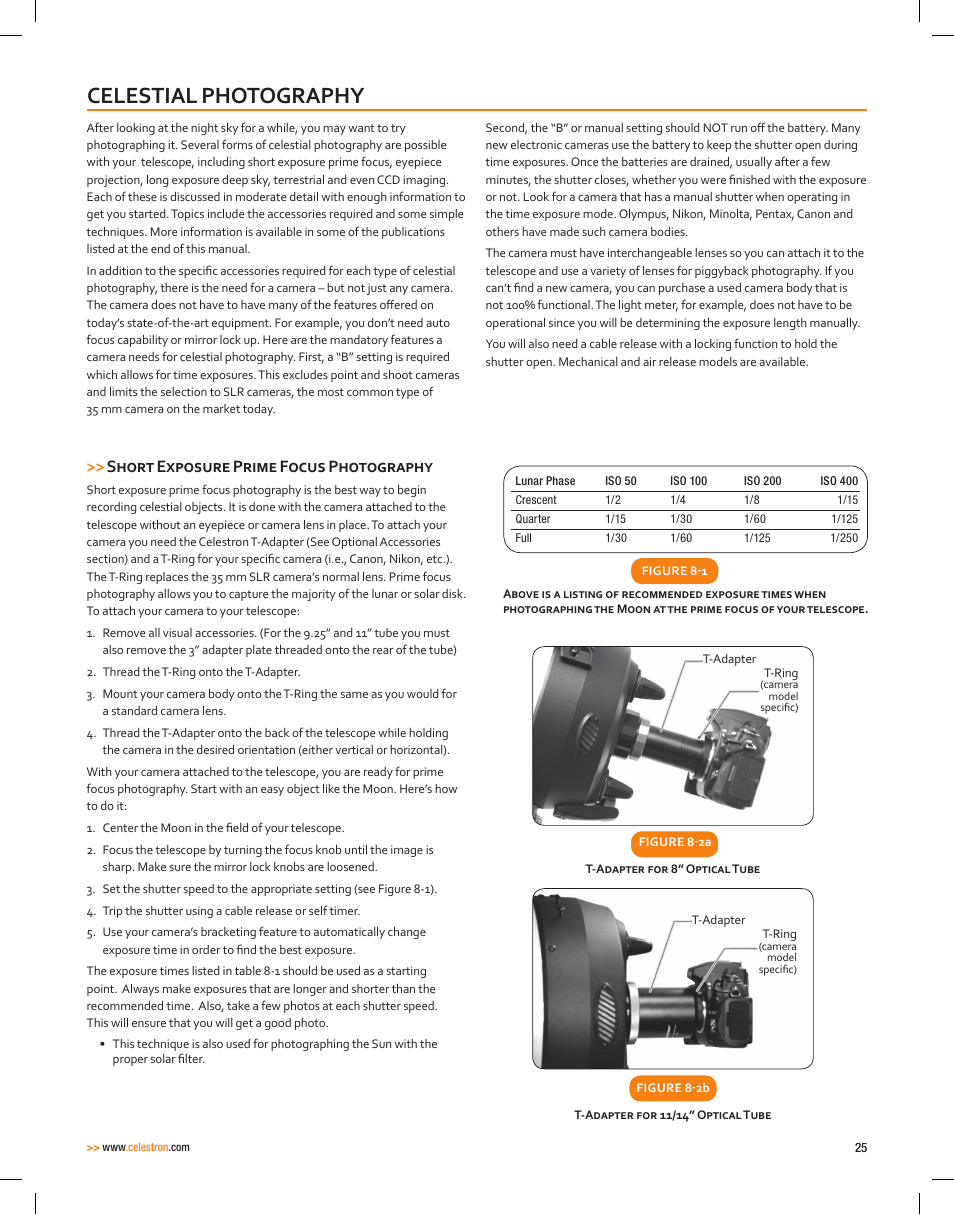 Celestial photography, Short exposure prime focus photography | Celestron CPC Deluxe 1100 HD Computerized Telescope User Manual | Page 27 / 50