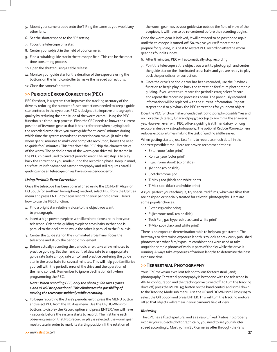 Periodic error correction (pec), Terrestrial photography | Celestron CPC Deluxe 1100 HD Computerized Telescope User Manual | Page 29 / 50