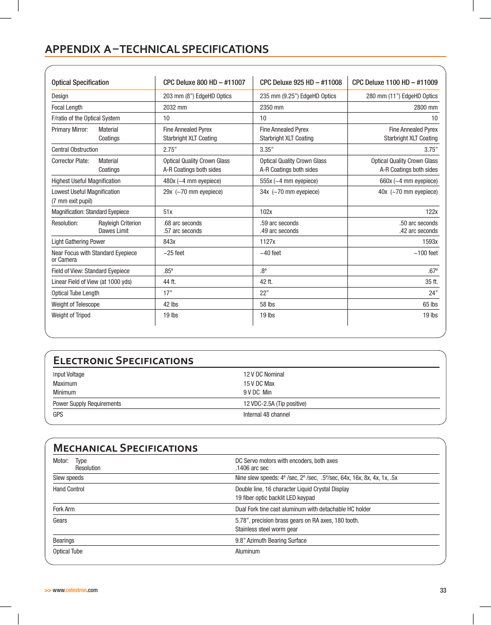 Appendix a – technical specifications, Electronic specifications, Mechanical specifications | Celestron CPC Deluxe 1100 HD Computerized Telescope User Manual | Page 35 / 50