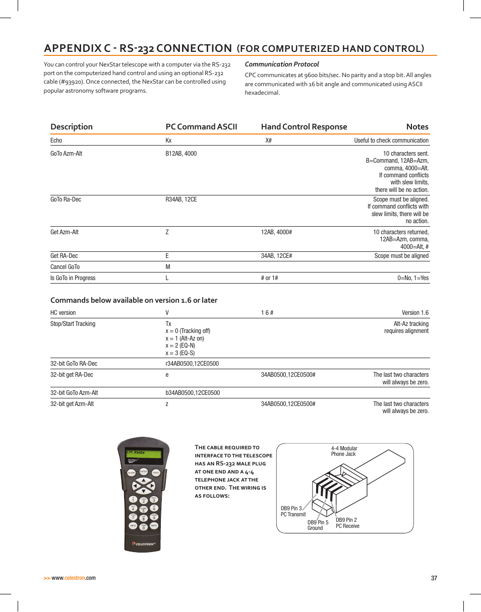 Appendix c - rs-232 connection, For computerized hand control) | Celestron CPC Deluxe 1100 HD Computerized Telescope User Manual | Page 39 / 50