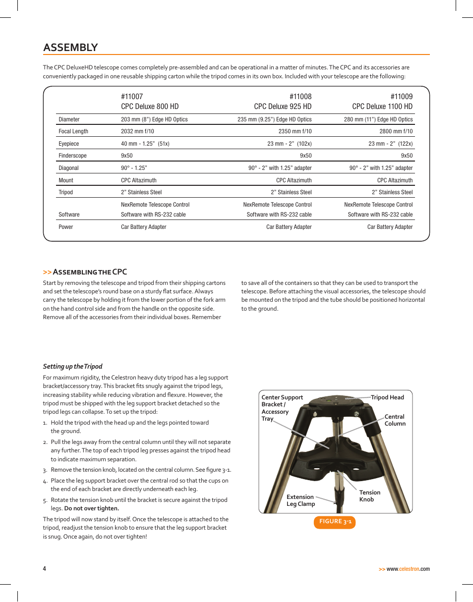 Assembly, Assembling the cpc | Celestron CPC Deluxe 1100 HD Computerized Telescope User Manual | Page 6 / 50