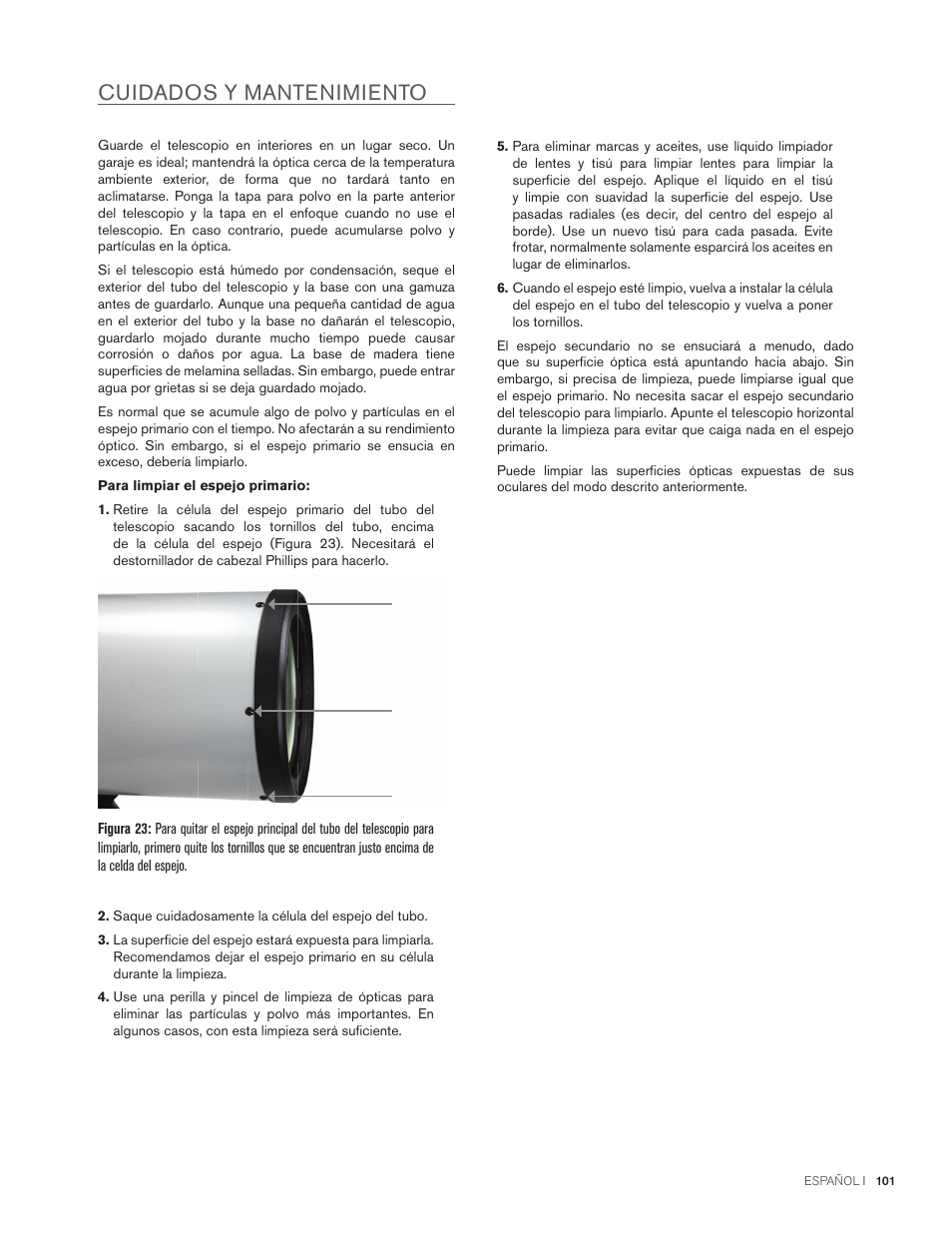 Cuidados y mantenimiento | Celestron StarSense Explorer 12" f/4.9 Dobsonian Telescope User Manual | Page 101 / 105