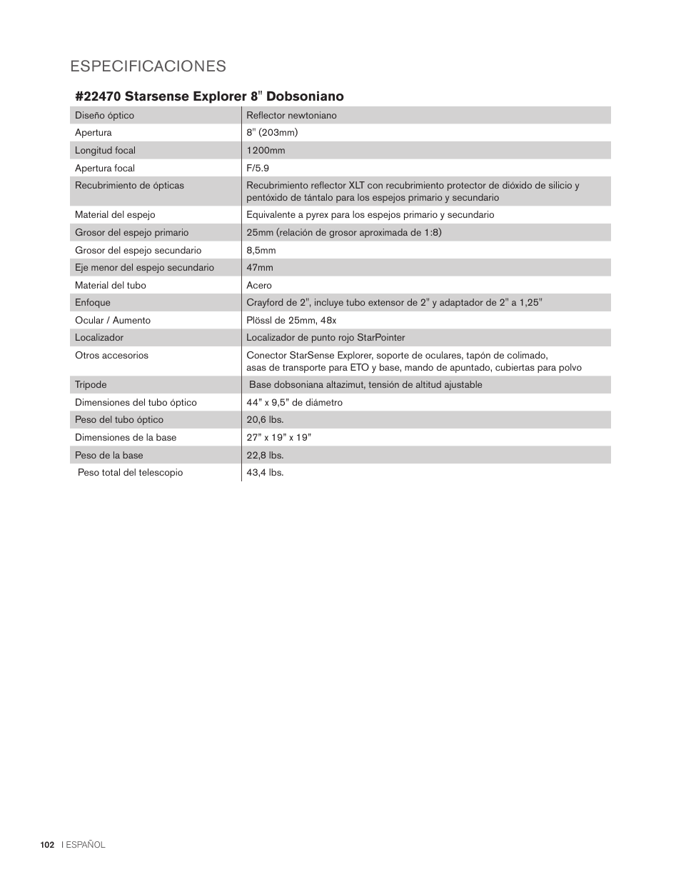 Especificaciones | Celestron StarSense Explorer 12" f/4.9 Dobsonian Telescope User Manual | Page 102 / 105