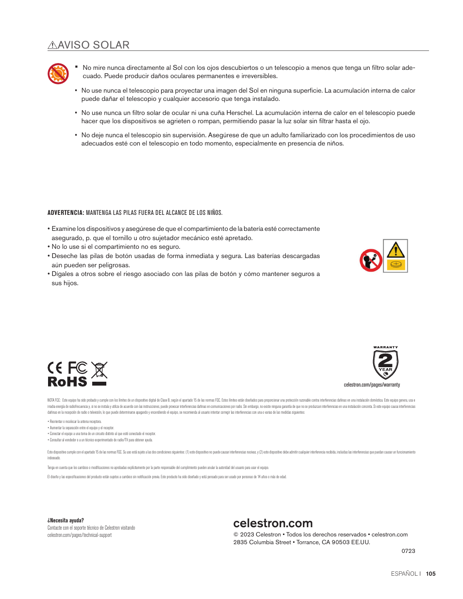 Aviso solar | Celestron StarSense Explorer 12" f/4.9 Dobsonian Telescope User Manual | Page 105 / 105