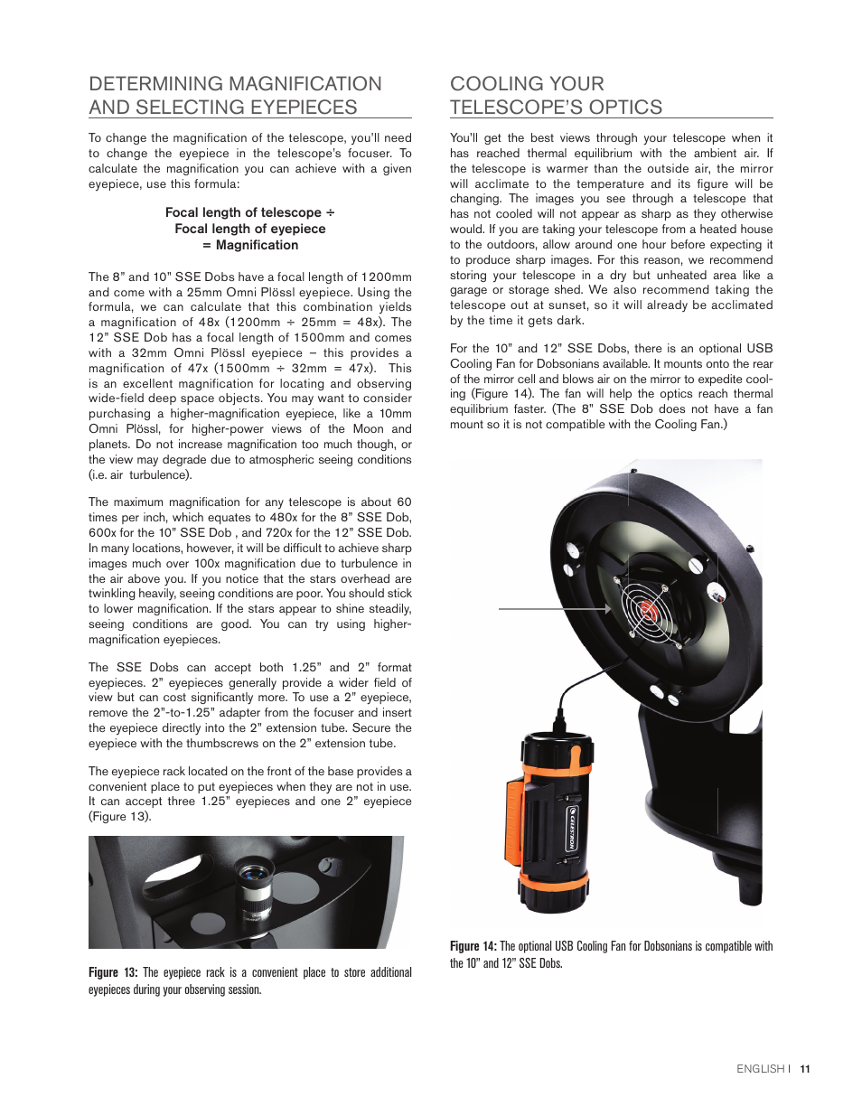 Determining magnification and selecting eyepieces, Cooling your telescope’s optics | Celestron StarSense Explorer 12" f/4.9 Dobsonian Telescope User Manual | Page 11 / 105