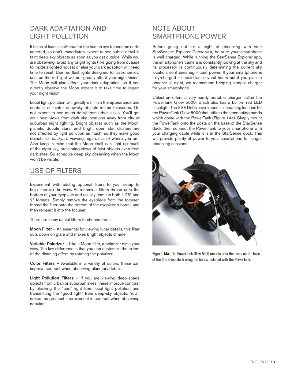 Dark adaptation and light pollution, Use of filters | Celestron StarSense Explorer 12" f/4.9 Dobsonian Telescope User Manual | Page 13 / 105