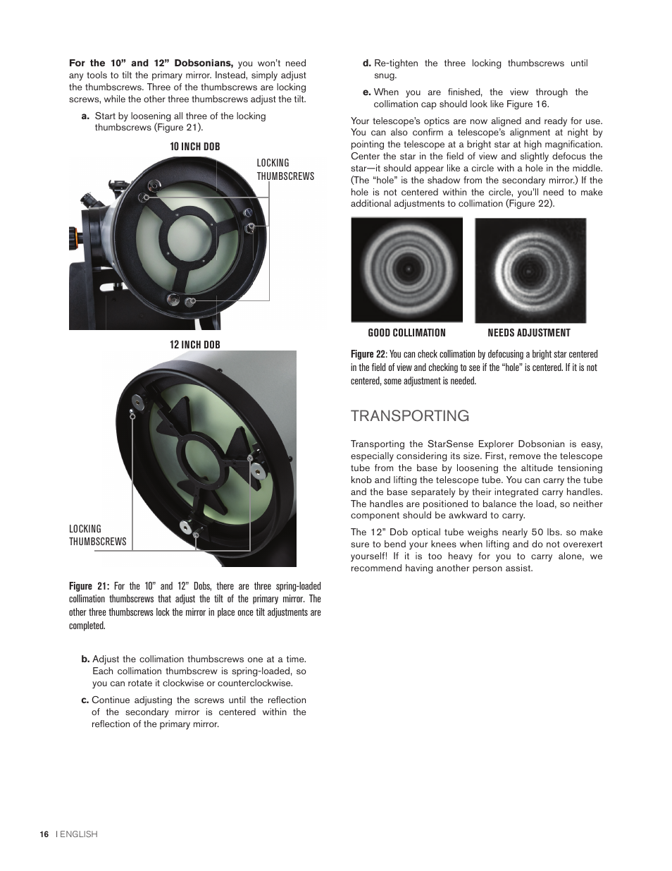 Transporting | Celestron StarSense Explorer 12" f/4.9 Dobsonian Telescope User Manual | Page 16 / 105