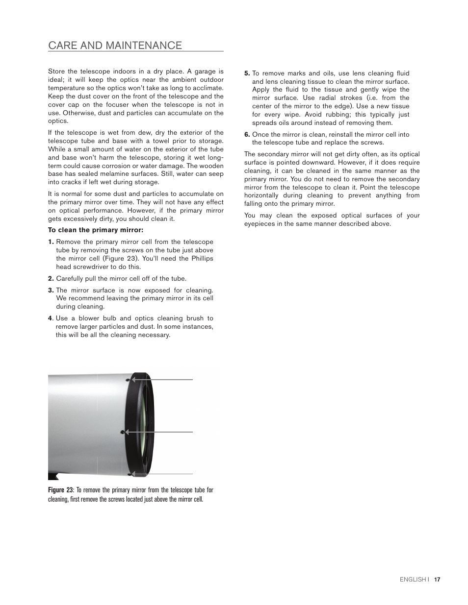 Care and maintenance | Celestron StarSense Explorer 12" f/4.9 Dobsonian Telescope User Manual | Page 17 / 105