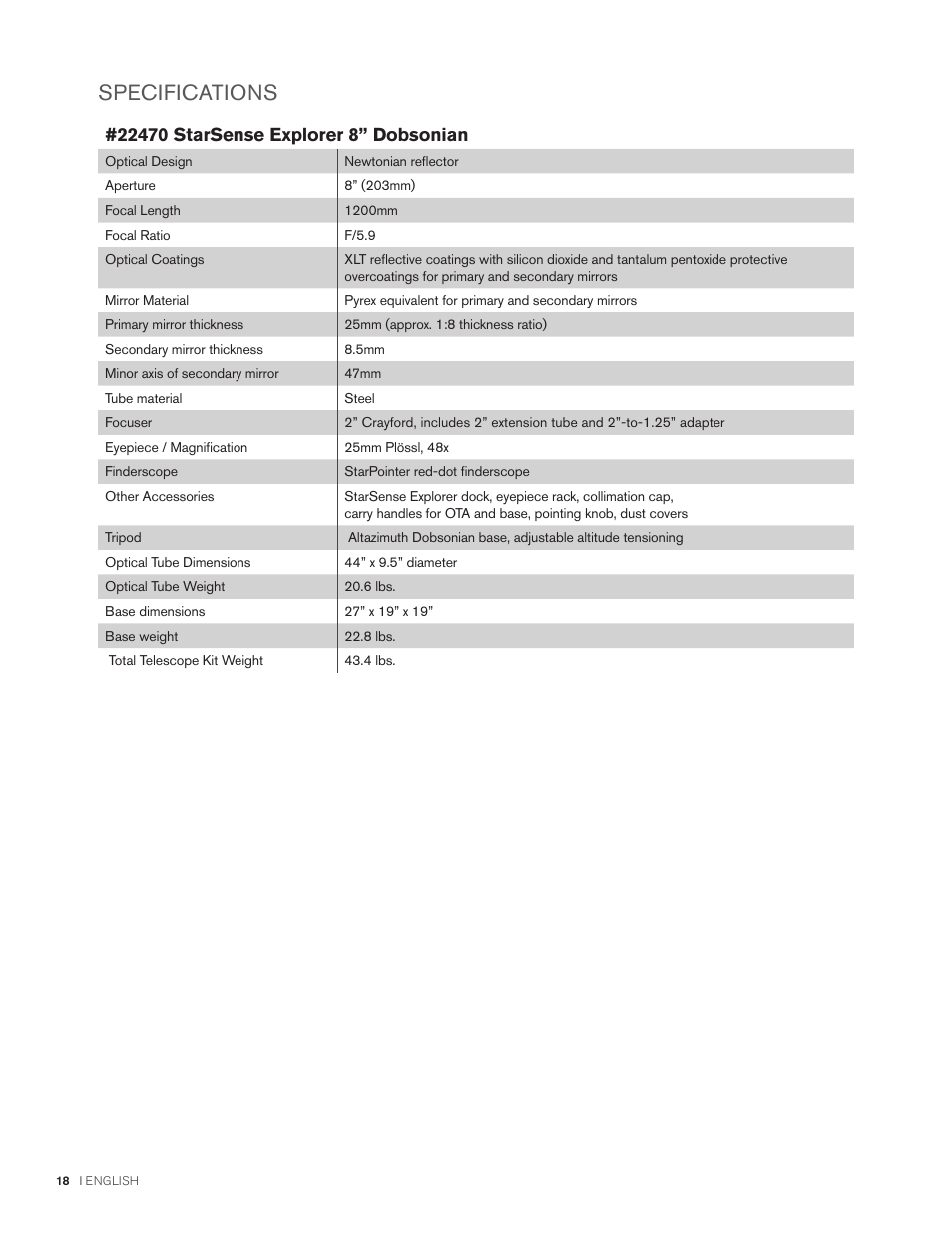 Specifications | Celestron StarSense Explorer 12" f/4.9 Dobsonian Telescope User Manual | Page 18 / 105