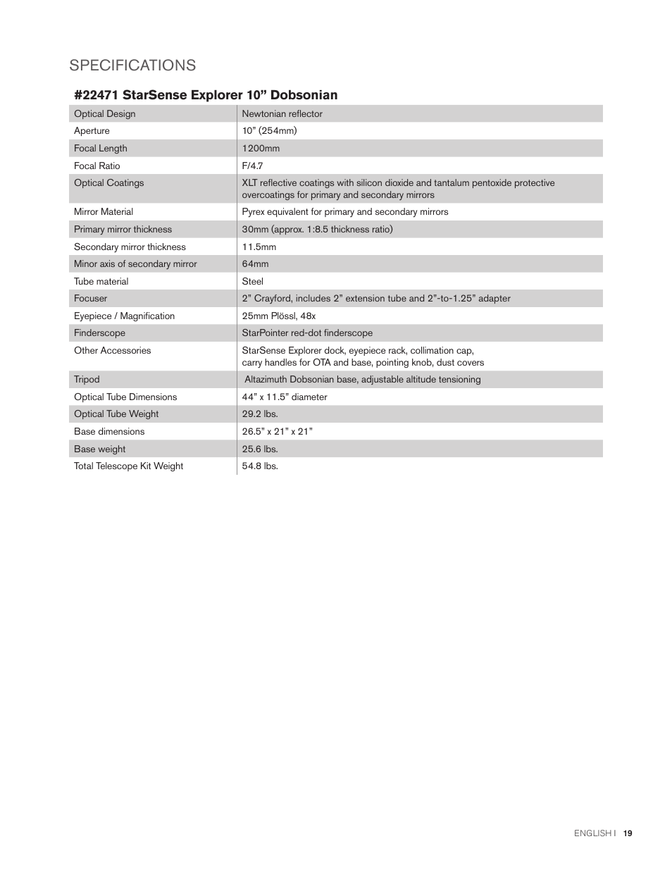 Specifications | Celestron StarSense Explorer 12" f/4.9 Dobsonian Telescope User Manual | Page 19 / 105