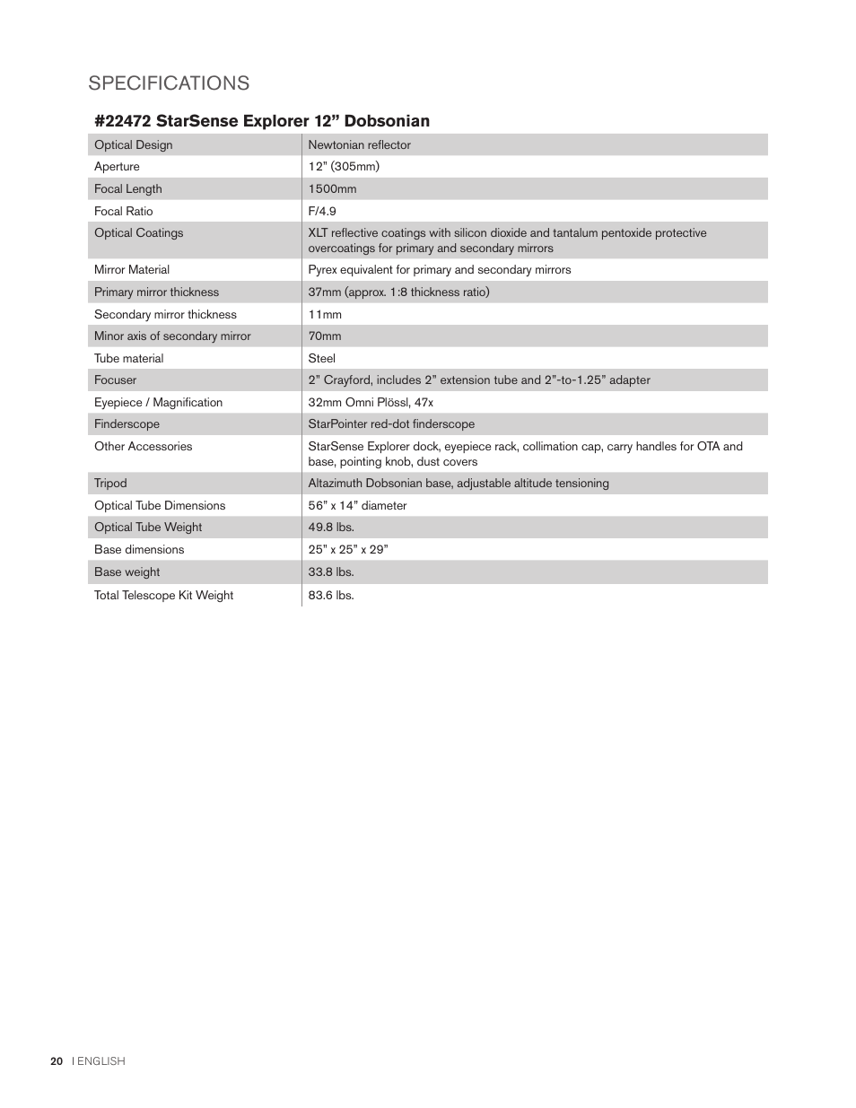 Specifications | Celestron StarSense Explorer 12" f/4.9 Dobsonian Telescope User Manual | Page 20 / 105