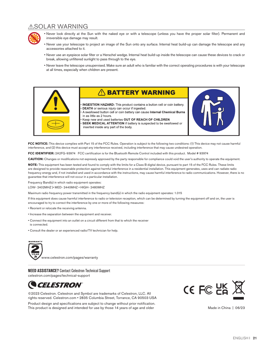 Solar warning | Celestron StarSense Explorer 12" f/4.9 Dobsonian Telescope User Manual | Page 21 / 105