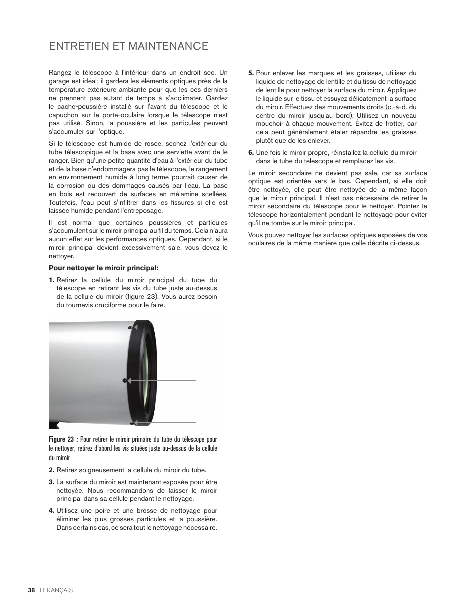 Entretien et maintenance | Celestron StarSense Explorer 12" f/4.9 Dobsonian Telescope User Manual | Page 38 / 105