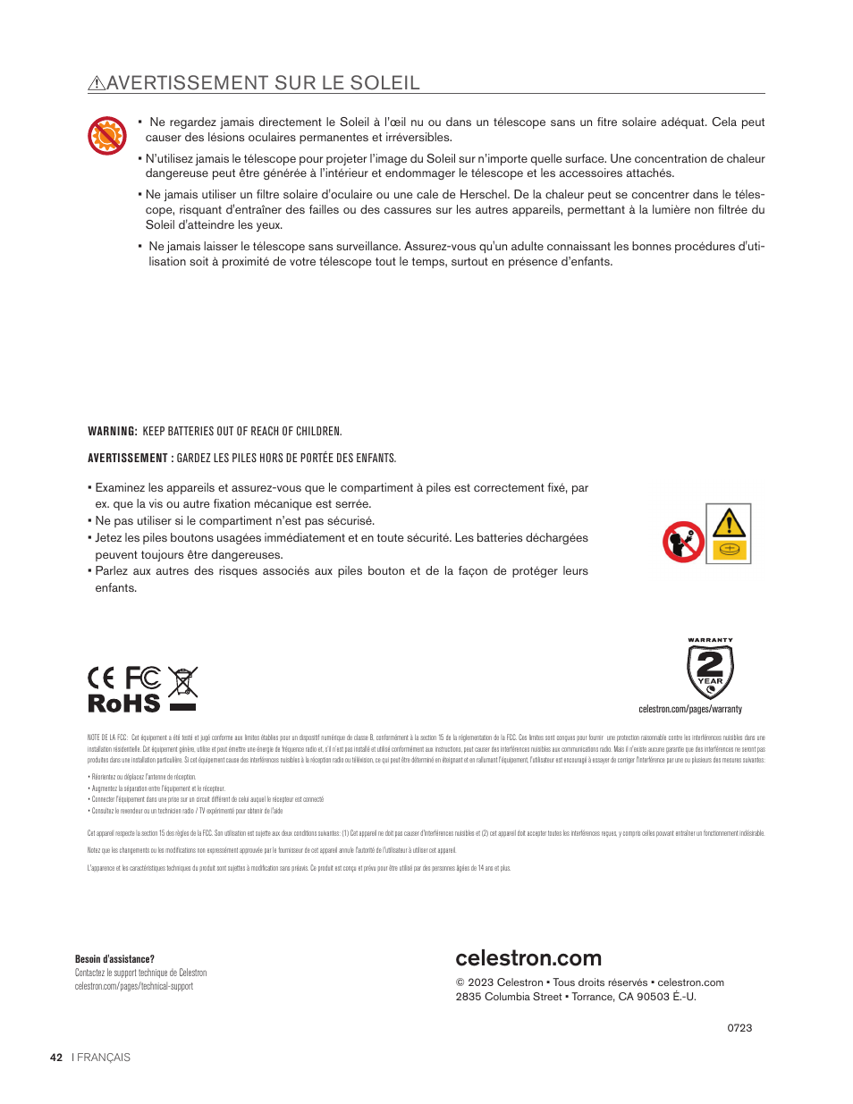 Avertissement sur le soleil | Celestron StarSense Explorer 12" f/4.9 Dobsonian Telescope User Manual | Page 42 / 105