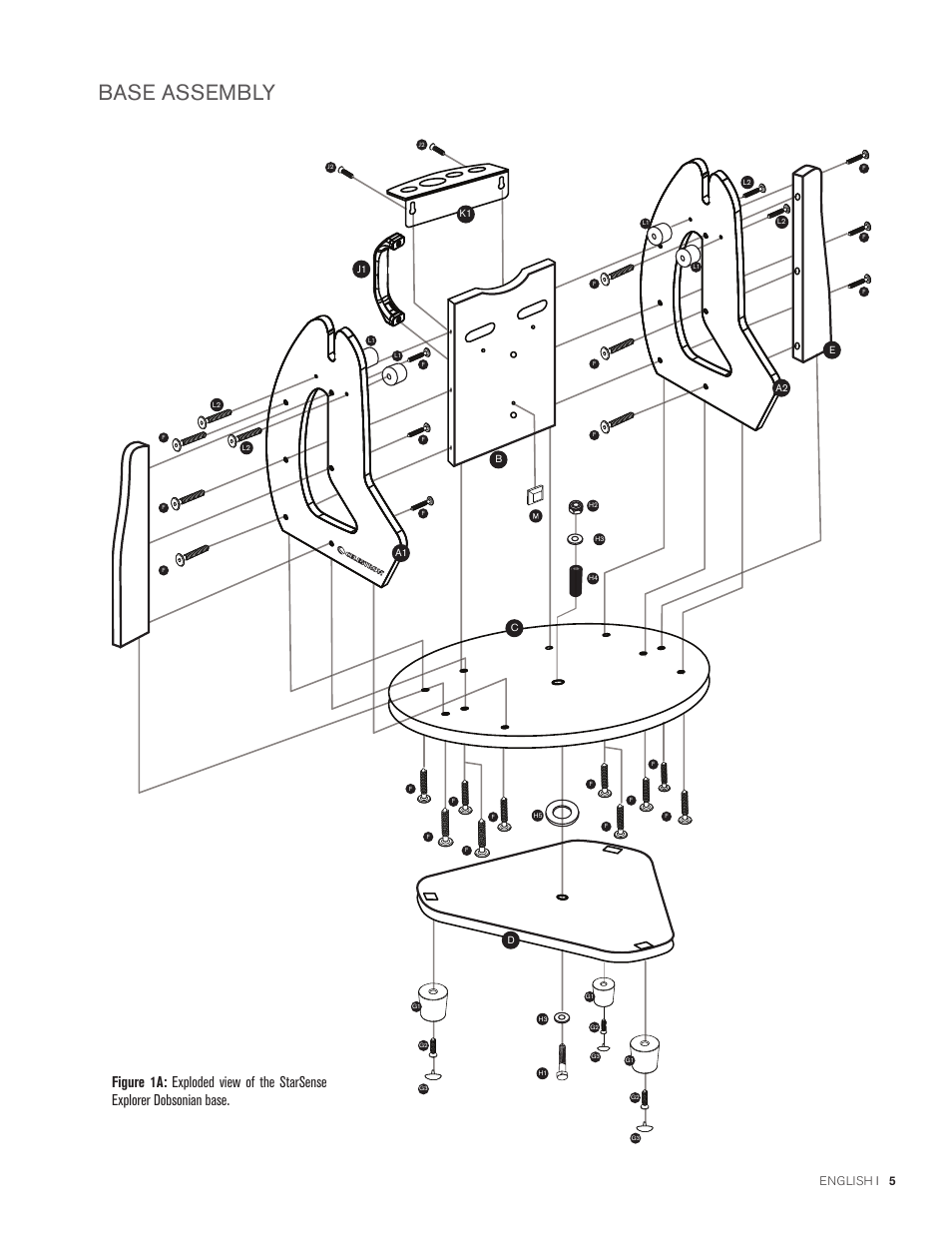 Base assembly, Po q n2 r1 u v w n1 s t, English i 5 | Celestron StarSense Explorer 12" f/4.9 Dobsonian Telescope User Manual | Page 5 / 105