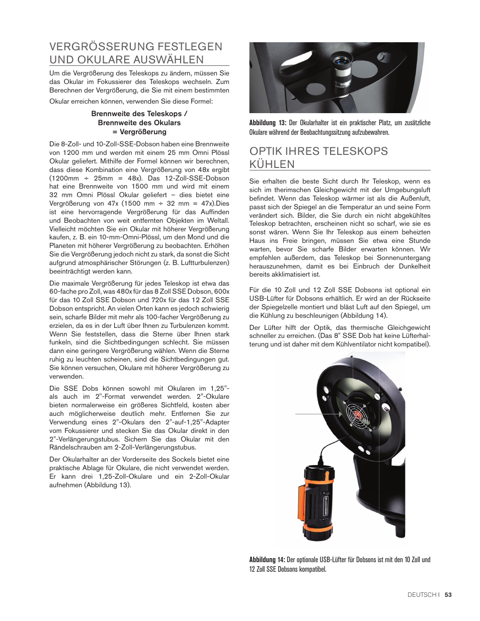 Vergrösserung festlegen und okulare auswählen, Optik ihres teleskops kühlen | Celestron StarSense Explorer 12" f/4.9 Dobsonian Telescope User Manual | Page 53 / 105