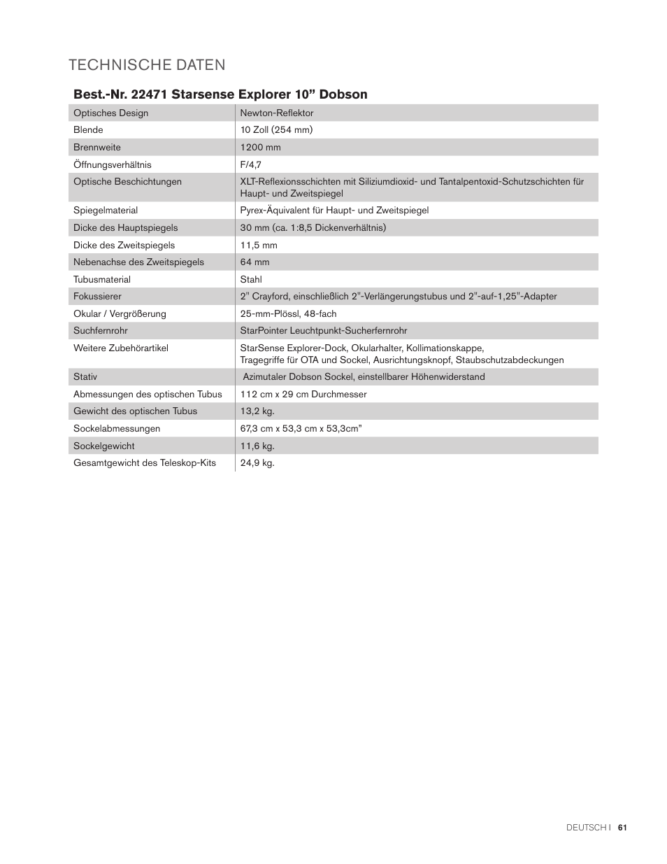 Technische daten | Celestron StarSense Explorer 12" f/4.9 Dobsonian Telescope User Manual | Page 61 / 105