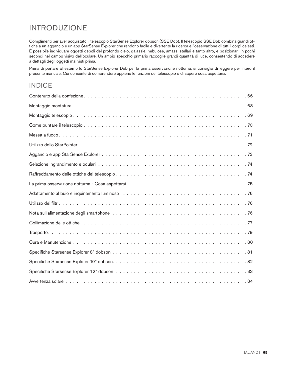 Introduzione, Indice | Celestron StarSense Explorer 12" f/4.9 Dobsonian Telescope User Manual | Page 65 / 105