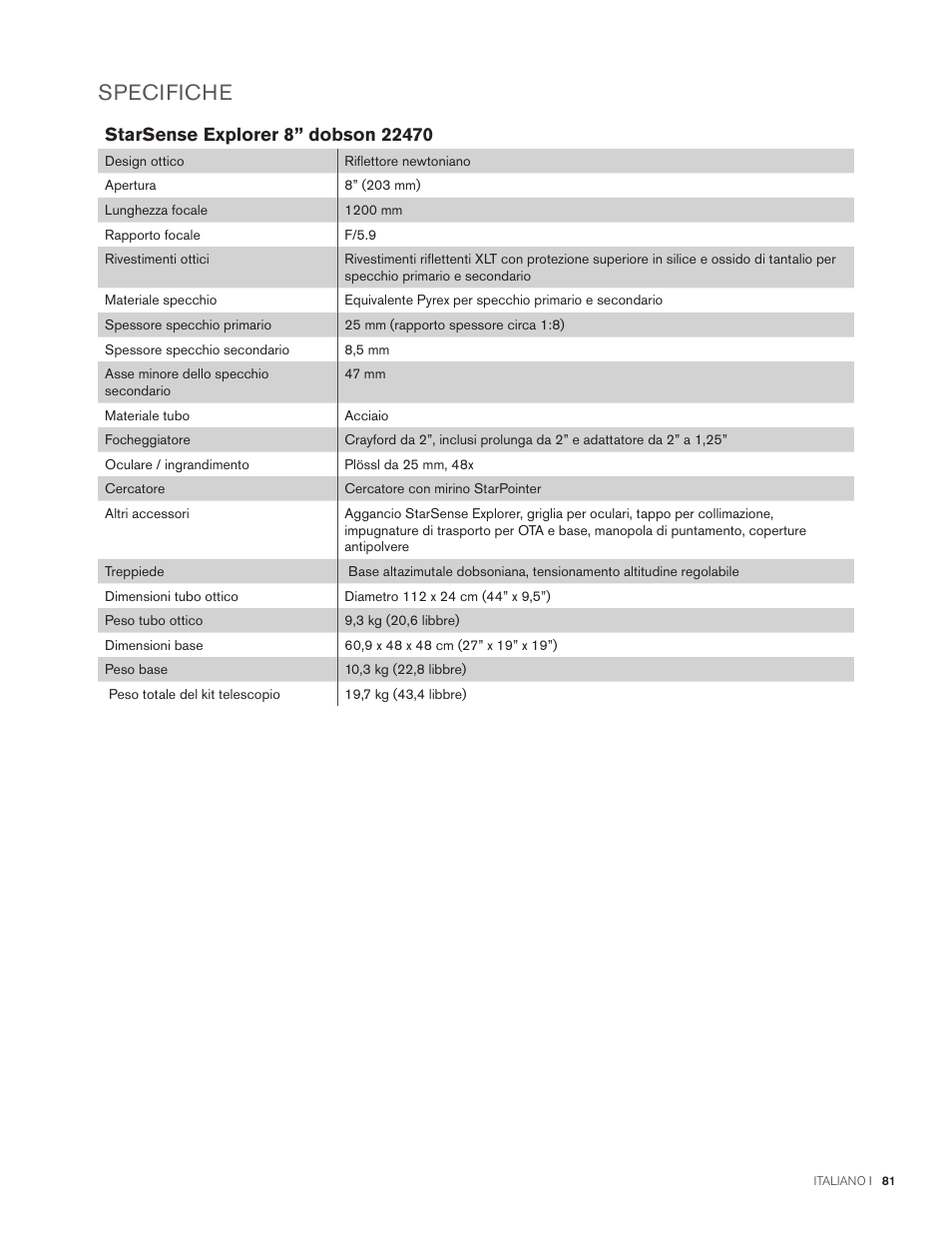 Specifiche | Celestron StarSense Explorer 12" f/4.9 Dobsonian Telescope User Manual | Page 81 / 105