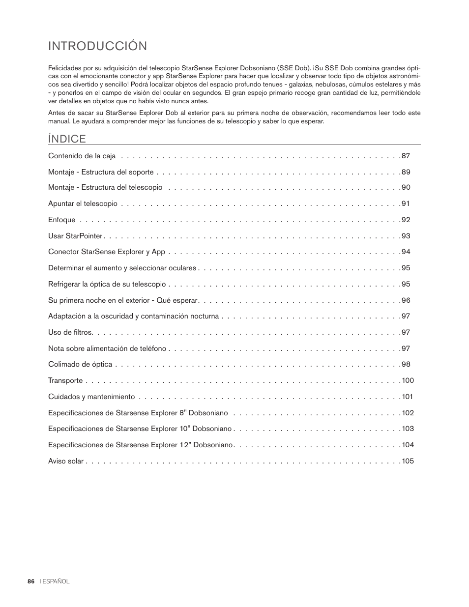 Introducción, Índice | Celestron StarSense Explorer 12" f/4.9 Dobsonian Telescope User Manual | Page 86 / 105