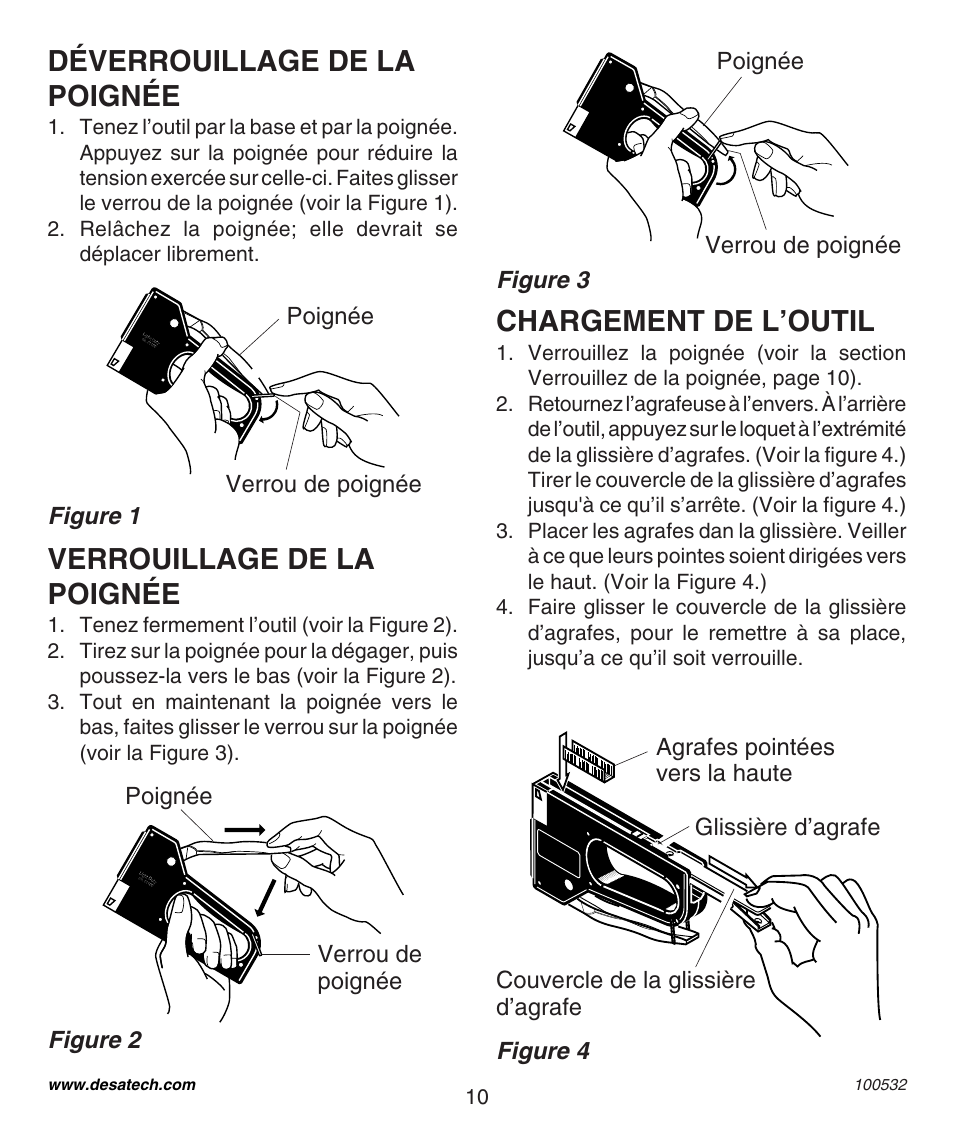 Déverrouillage de la poignée, Verrouillage de la poignée, Chargement de l’outil | Figure 3, Figure 1, Figure 4, Figure 2, Poignée, Verrou de poignée, Couvercle de la glissière d’agrafe | Desa 31890 User Manual | Page 10 / 12