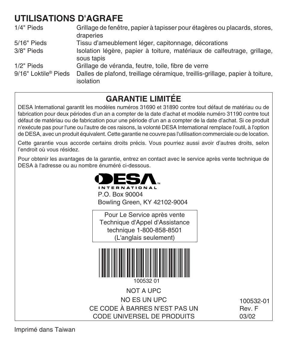 Utilisations d'agrafe, Garantie limitée | Desa 31890 User Manual | Page 12 / 12