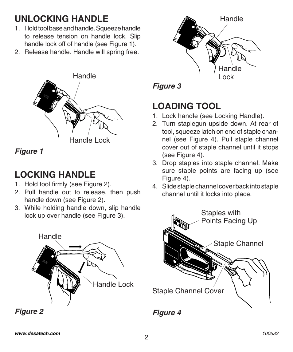 Unlocking handle, Locking handle, Loading tool | Figure 3, Figure 1, Figure 4, Figure 2, Handle, Handle lock, Staple channel cover | Desa 31890 User Manual | Page 2 / 12