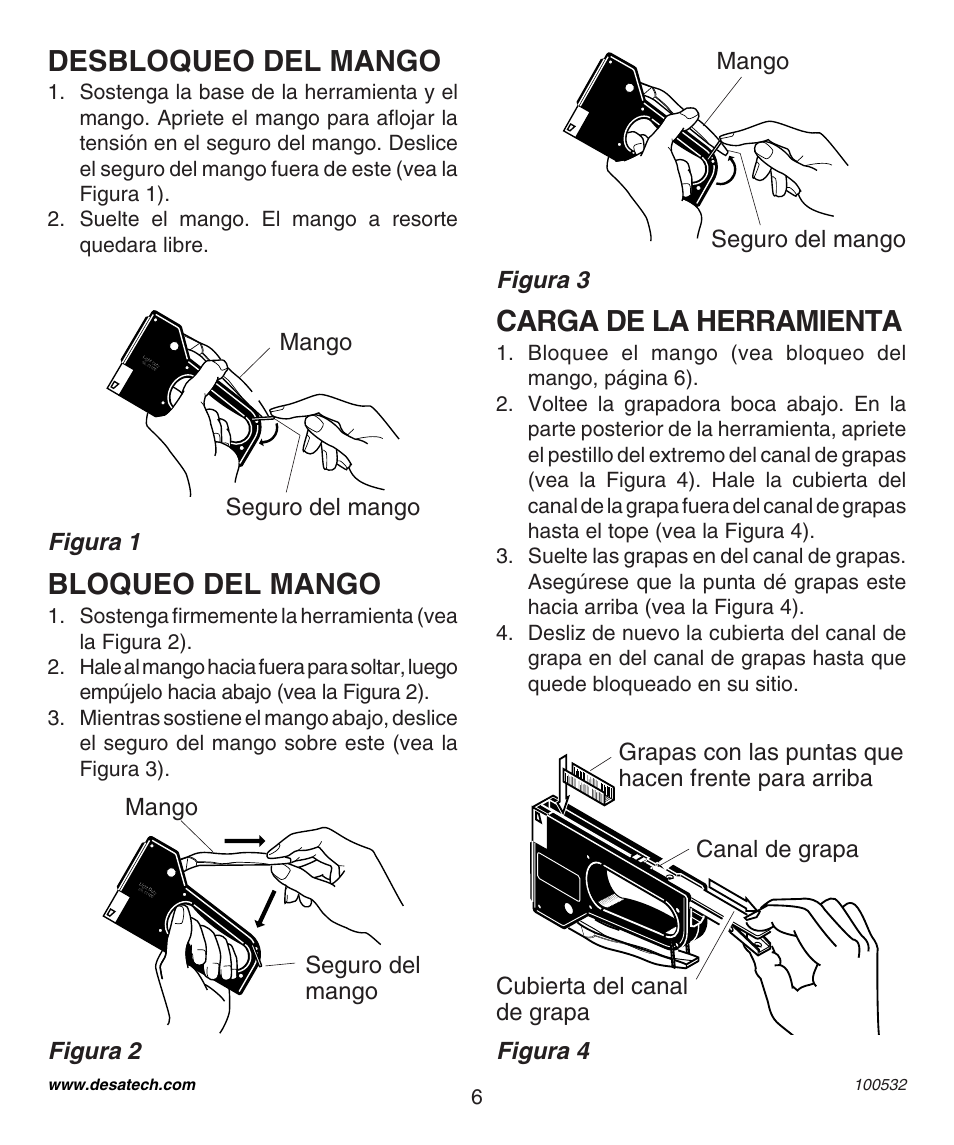 Desbloqueo del mango, Bloqueo del mango, Carga de la herramienta | Figura 3, Figura 1, Figura 4, Figura 2, Mango, Seguro del mango, Cubierta del canal de grapa | Desa 31890 User Manual | Page 6 / 12