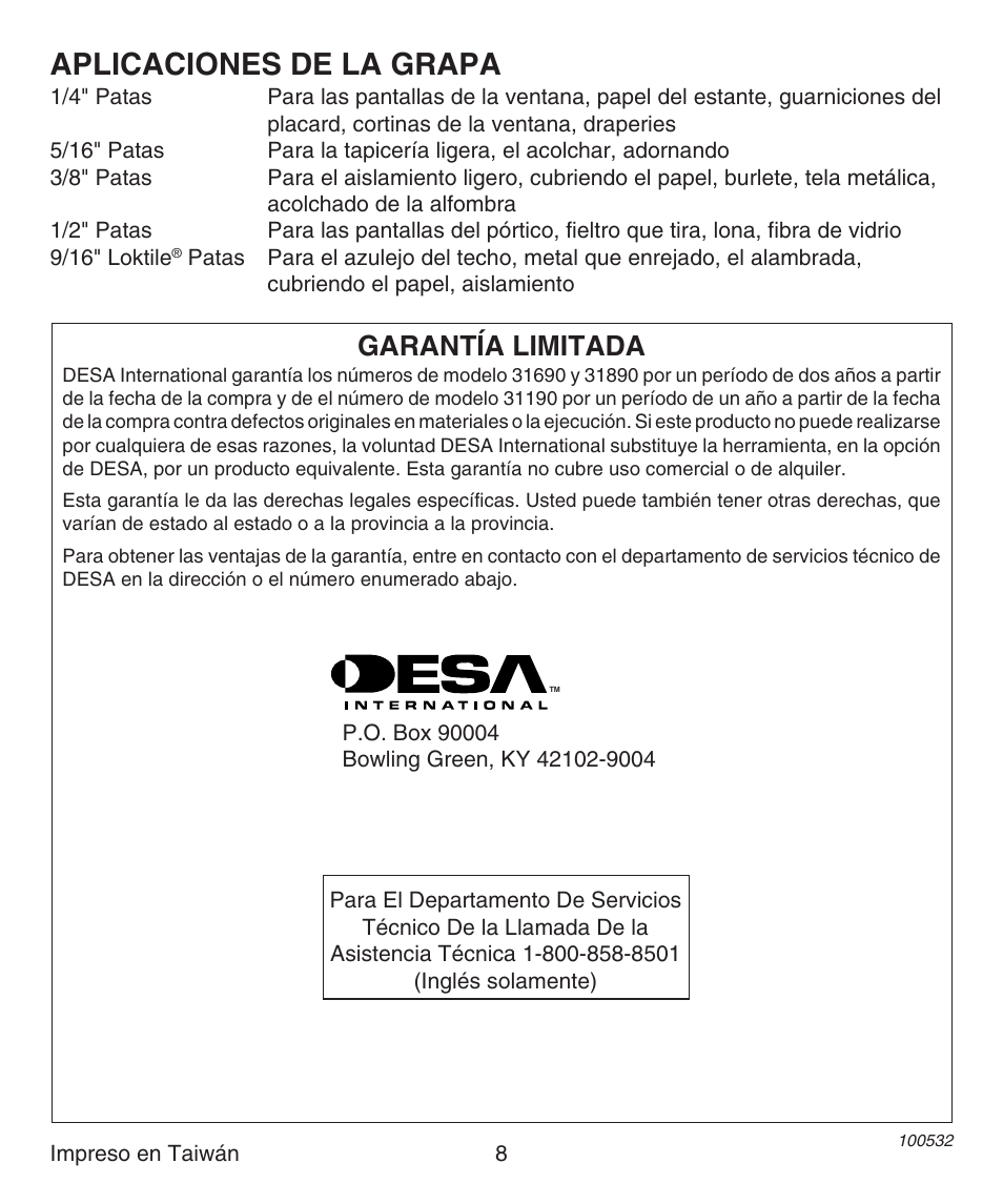 Aplicaciones de la grapa, Garantía limitada | Desa 31890 User Manual | Page 8 / 12