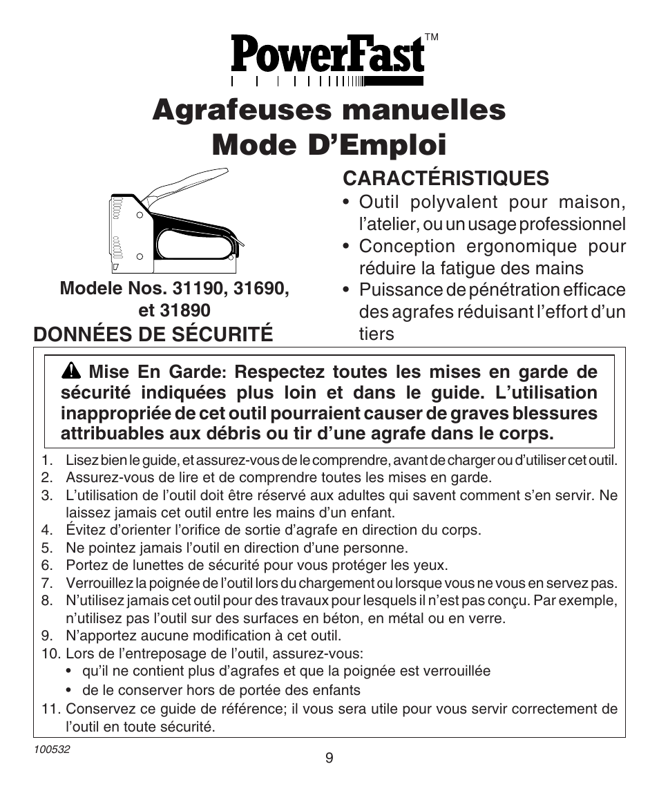 Agrafeuses manuelles mode d’emploi, Caractéristiques, Données de sécurité | Desa 31890 User Manual | Page 9 / 12