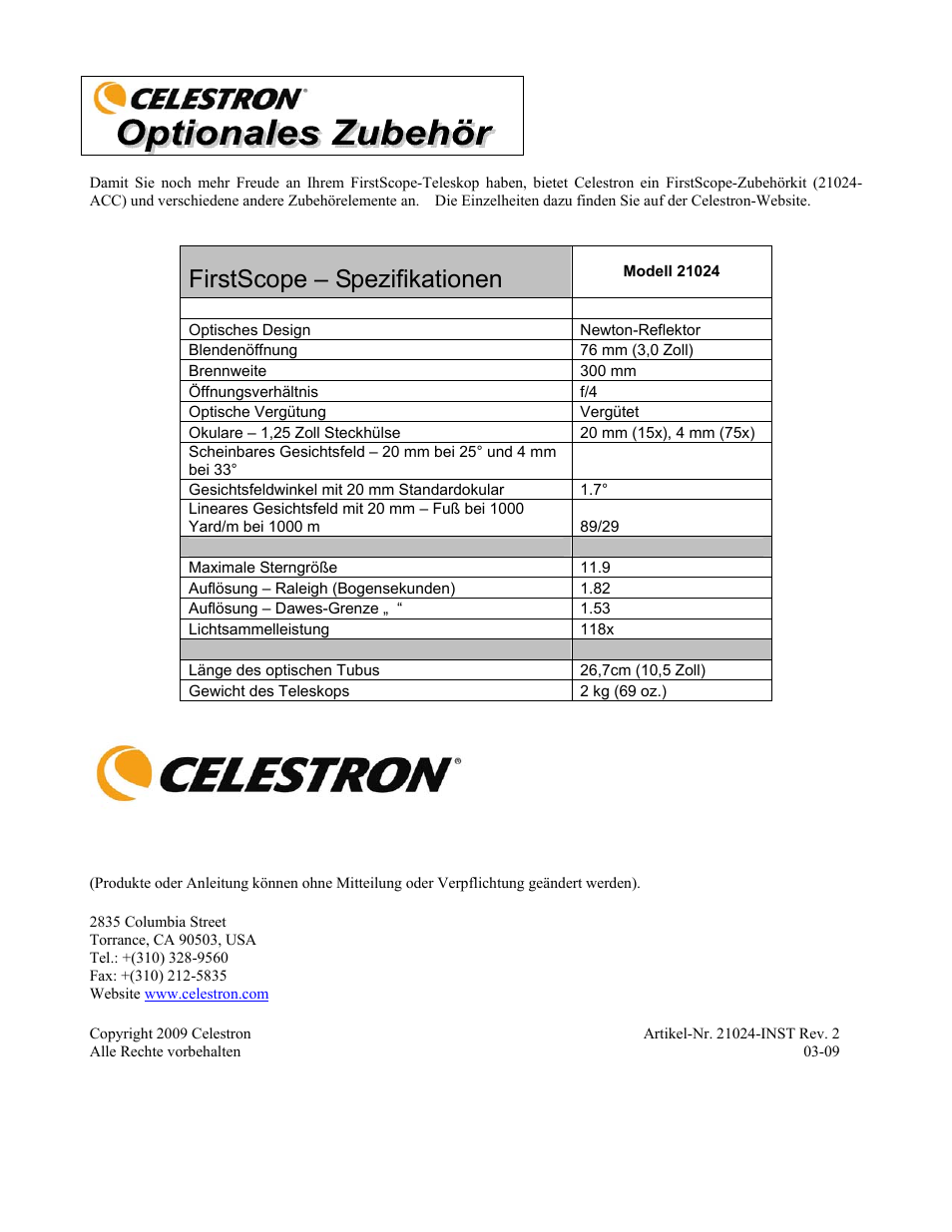 Firstscope – spezifikationen | Celestron FirstScope 76mm f/4 Signature Series Moon Alt-Az Reflector Telescope User Manual | Page 32 / 80