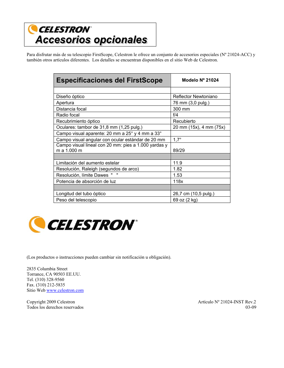 Especificaciones del firstscope | Celestron FirstScope 76mm f/4 Signature Series Moon Alt-Az Reflector Telescope User Manual | Page 48 / 80