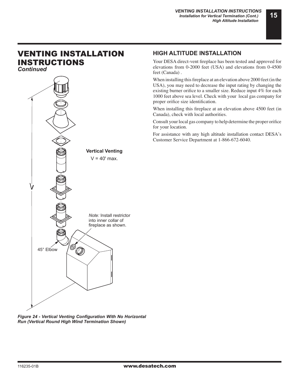 Venting installation instructions | Desa (V)VC36NE Series User Manual | Page 15 / 38