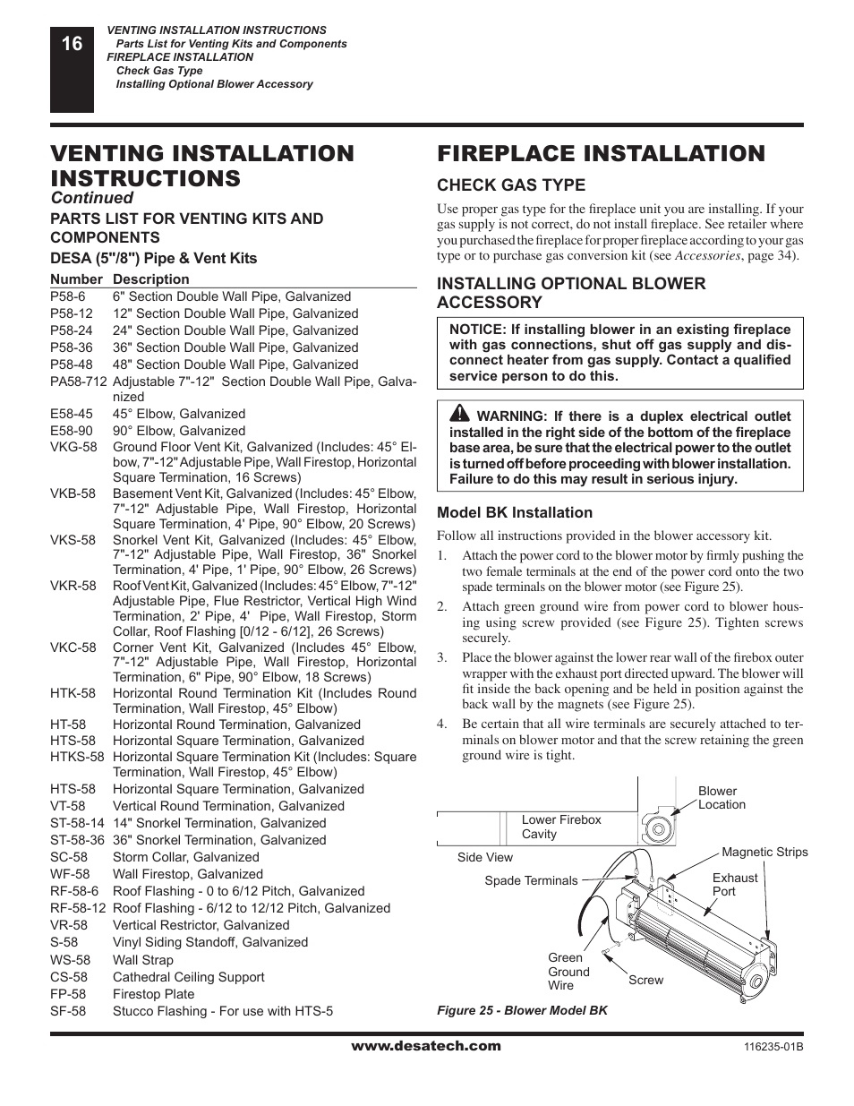 Fireplace installation, Venting installation instructions | Desa (V)VC36NE Series User Manual | Page 16 / 38