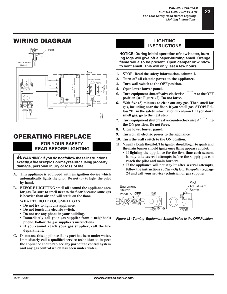 Wiring diagram, Operating fireplace, Wiring diagram operating fireplace | Lighting instructions, For your safety read before lighting | Desa (V)VC36NE Series User Manual | Page 23 / 38