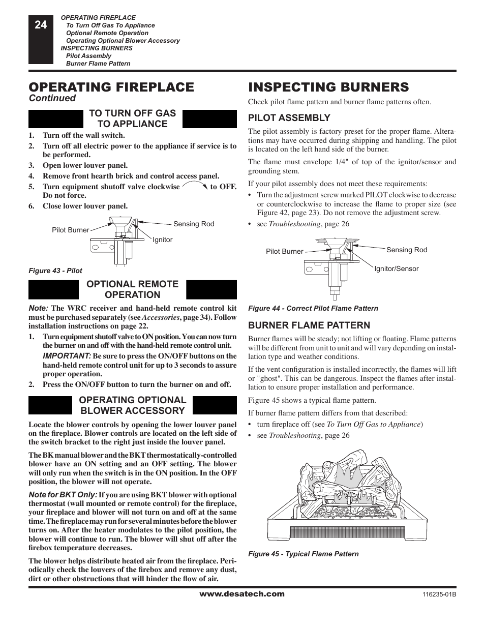 Inspecting burners, Operating fireplace | Desa (V)VC36NE Series User Manual | Page 24 / 38