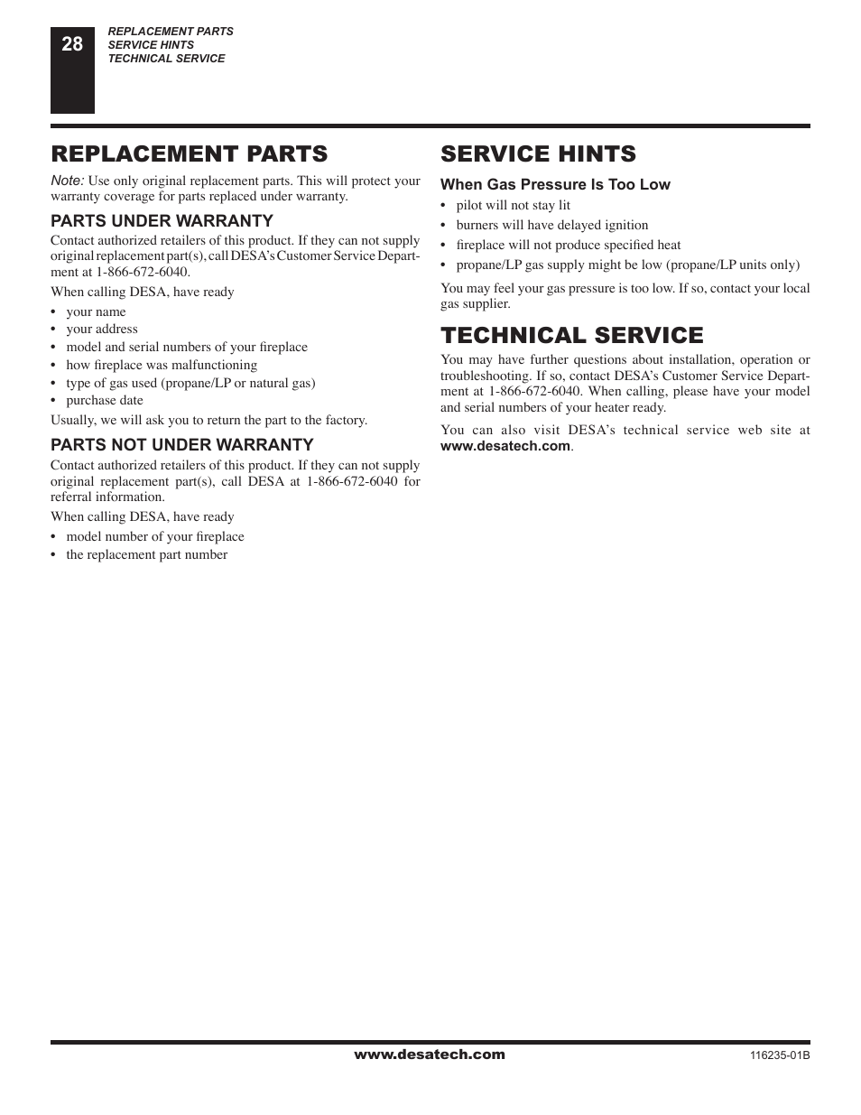 Replacement parts, Service hints, Technical service | Desa (V)VC36NE Series User Manual | Page 28 / 38