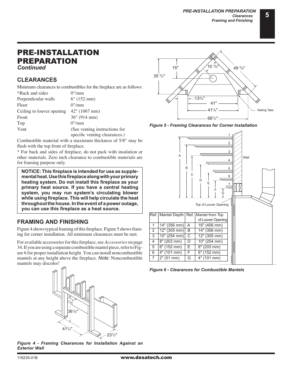 Pre-installation preparation, Clearances, Framing and finishing | Continued | Desa (V)VC36NE Series User Manual | Page 5 / 38