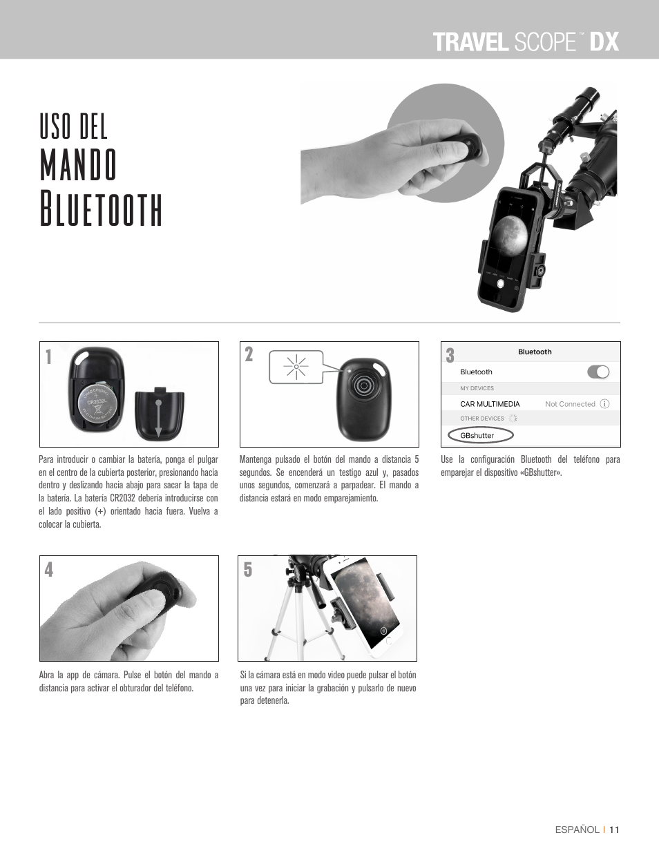 Mando bluetooth, Uso del | Celestron Travel Scope DX 60mm f/6 AZ Refractor Telescope Digiscoping Kit User Manual | Page 103 / 115