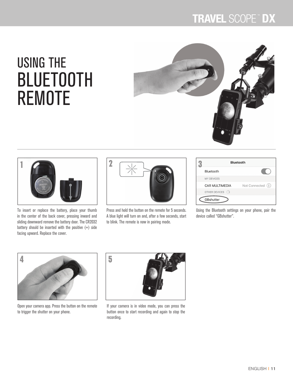 Bluetooth remote, Using the | Celestron Travel Scope DX 60mm f/6 AZ Refractor Telescope Digiscoping Kit User Manual | Page 11 / 115