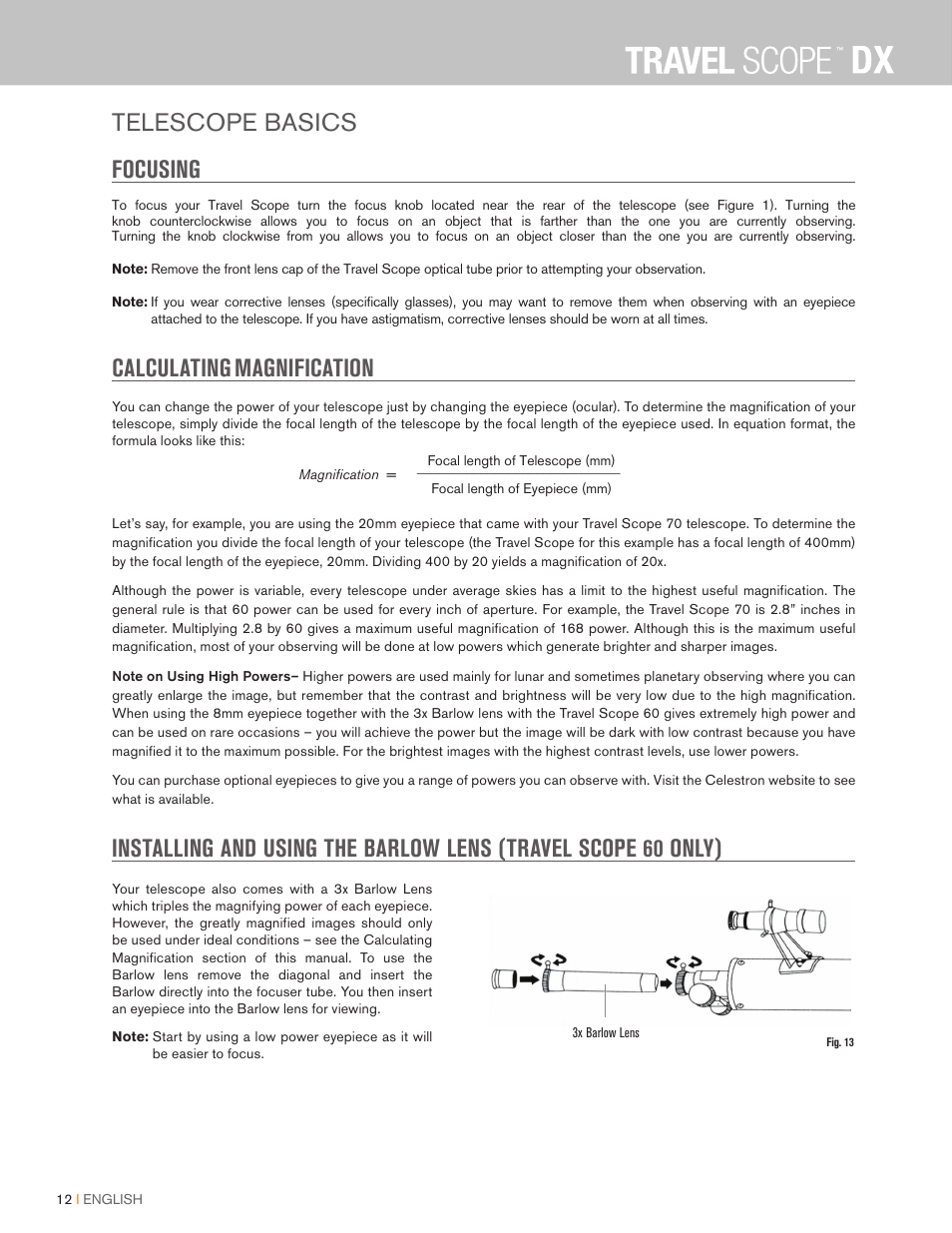 Telescope basics focusing, Calculating, Magnification | Celestron Travel Scope DX 60mm f/6 AZ Refractor Telescope Digiscoping Kit User Manual | Page 12 / 115