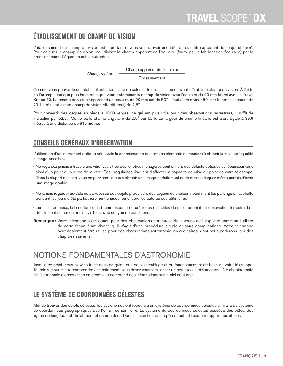 Établissement du champ de vision, Conseils généraux d’observation, Notions fondamentales d’astronomie | Le système de coordonnées célestes | Celestron Travel Scope DX 60mm f/6 AZ Refractor Telescope Digiscoping Kit User Manual | Page 36 / 115