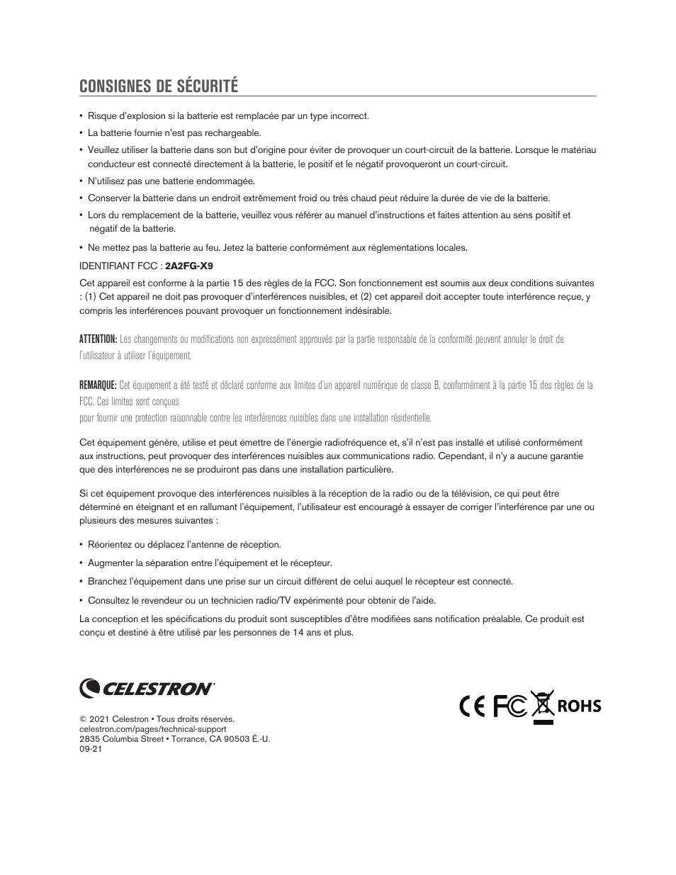 Consignes de sécurité | Celestron Travel Scope DX 60mm f/6 AZ Refractor Telescope Digiscoping Kit User Manual | Page 46 / 115