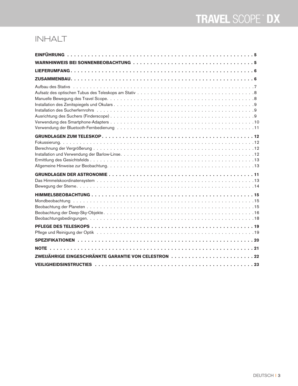 Inhalt | Celestron Travel Scope DX 60mm f/6 AZ Refractor Telescope Digiscoping Kit User Manual | Page 49 / 115