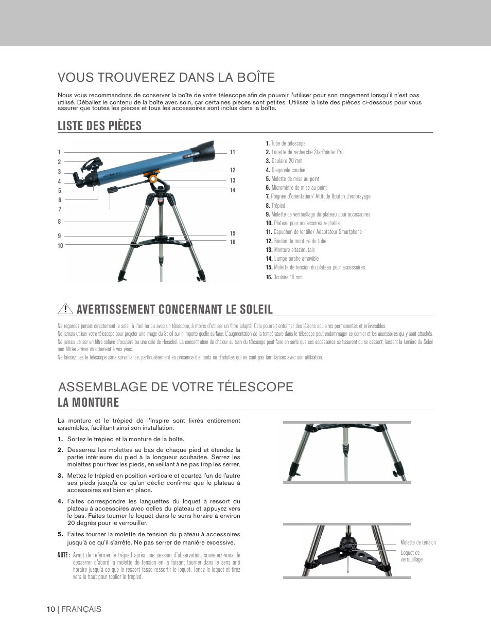Avertissement concernant le soleil | Celestron Inspire 100AZ 100mm f/6.6 Alt-Az Refractor Telescope User Manual | Page 10 / 40
