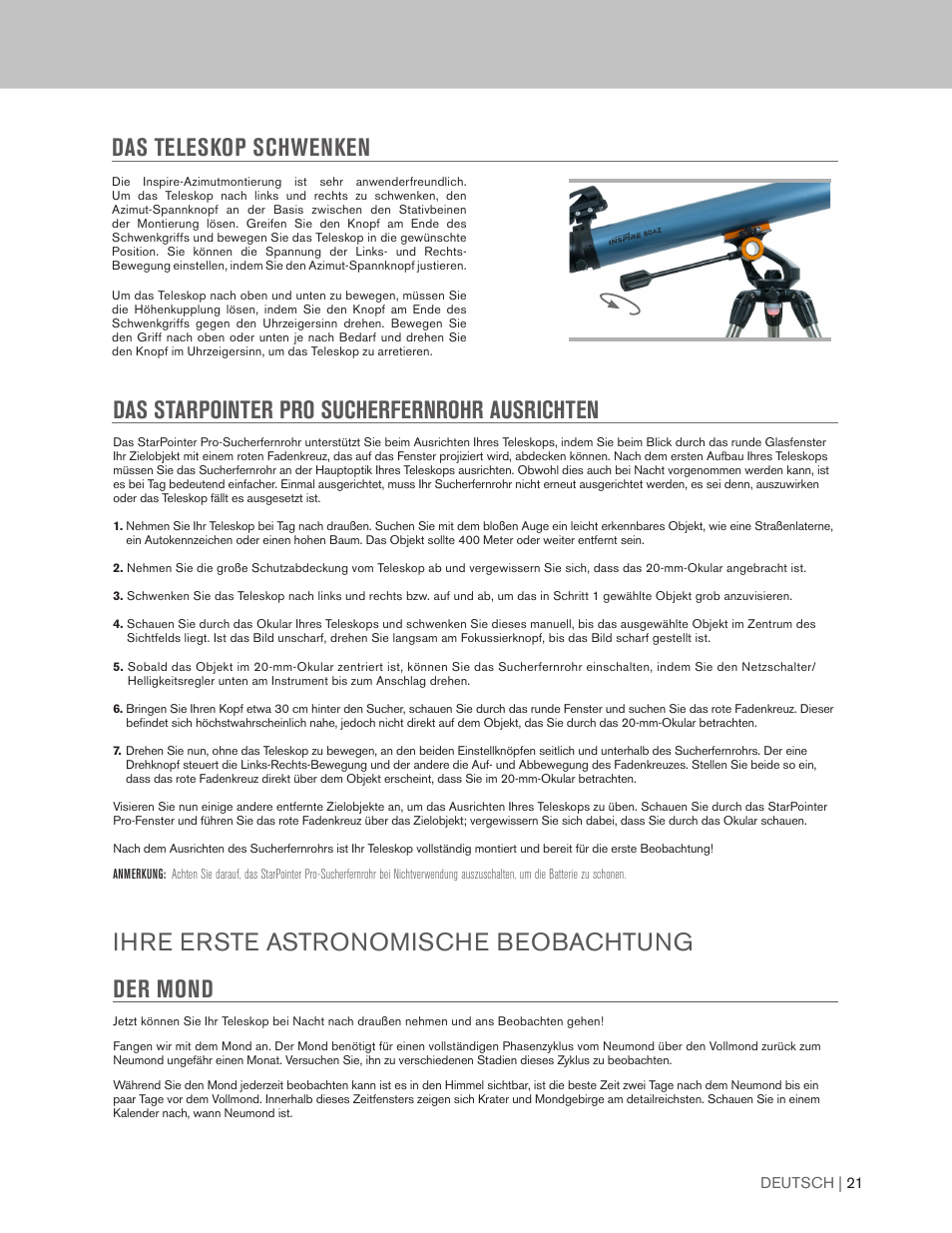 Das starpointer pro sucherfernrohr ausrichten, Ihre erste astronomische beobachtung der mond, Das teleskop schwenken | Celestron Inspire 100AZ 100mm f/6.6 Alt-Az Refractor Telescope User Manual | Page 21 / 40