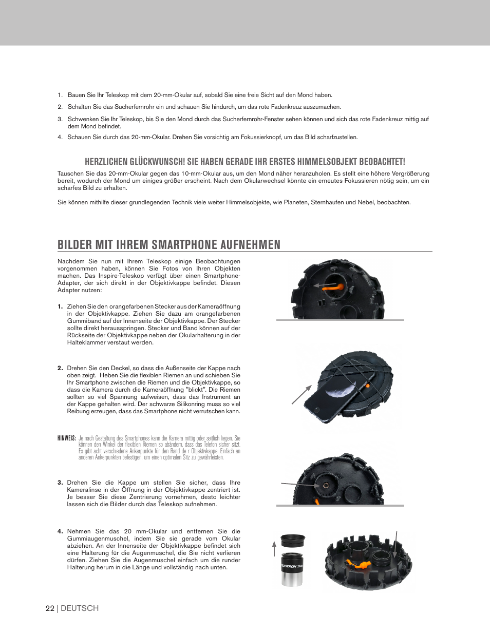 Bilder mit ihrem smartphone aufnehmen | Celestron Inspire 100AZ 100mm f/6.6 Alt-Az Refractor Telescope User Manual | Page 22 / 40