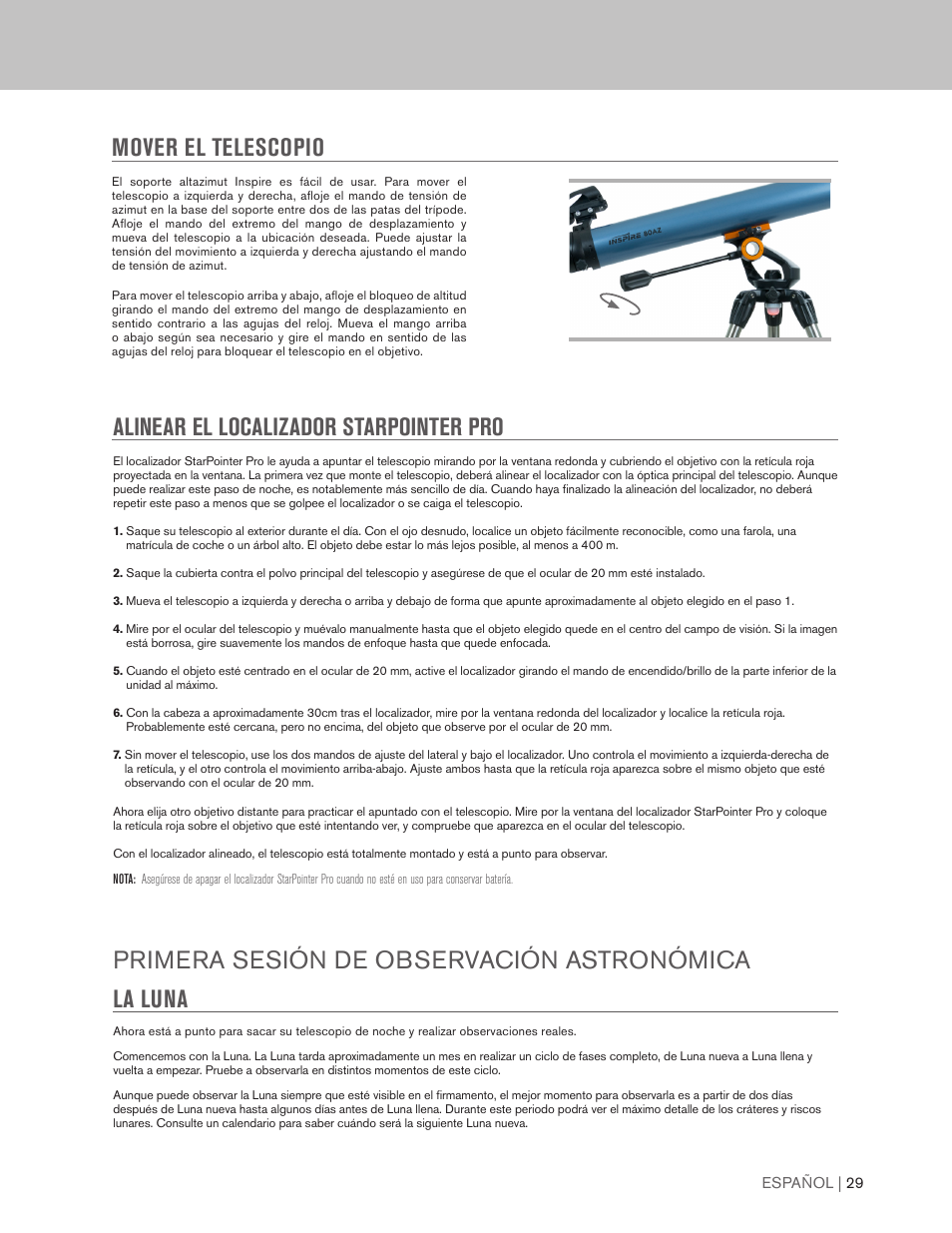 Alinear el localizador starpointer pro, Primera sesión de observación astronómica la luna, Mover el telescopio | Celestron Inspire 100AZ 100mm f/6.6 Alt-Az Refractor Telescope User Manual | Page 29 / 40