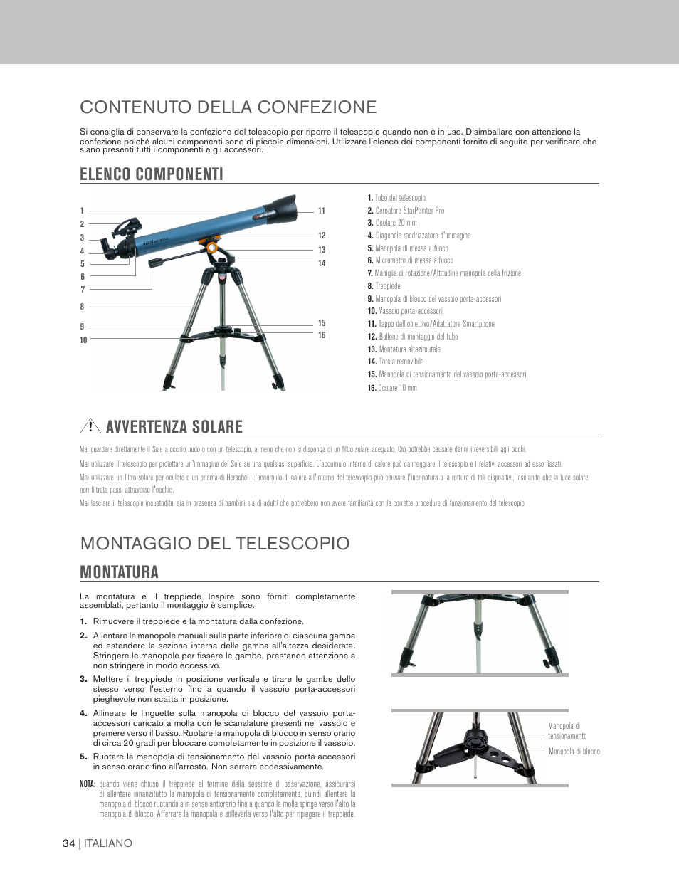 Avvertenza solare | Celestron Inspire 100AZ 100mm f/6.6 Alt-Az Refractor Telescope User Manual | Page 34 / 40
