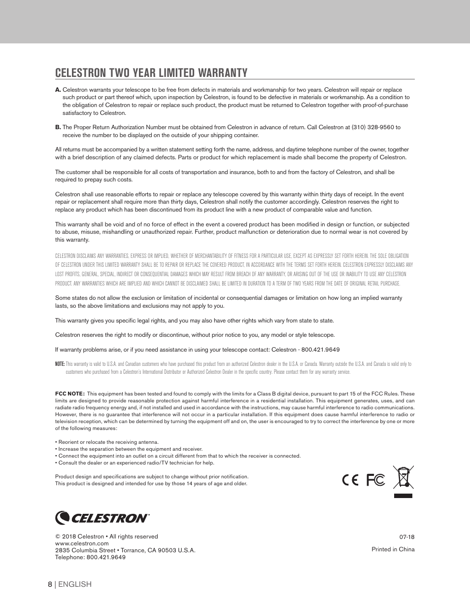Celestron two year limited warranty | Celestron Inspire 100AZ 100mm f/6.6 Alt-Az Refractor Telescope User Manual | Page 8 / 40
